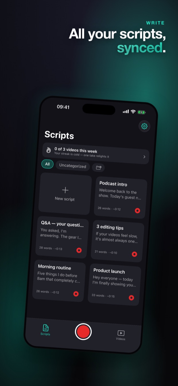 Cuecast teleprompter app for iPhone — all your video scripts written and synced in one place